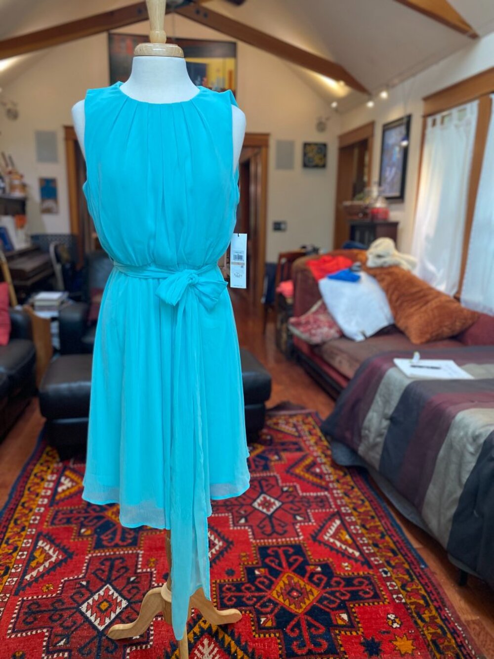 NWT Calvin Klein aqua pleated fit and flair dress with sash, size L